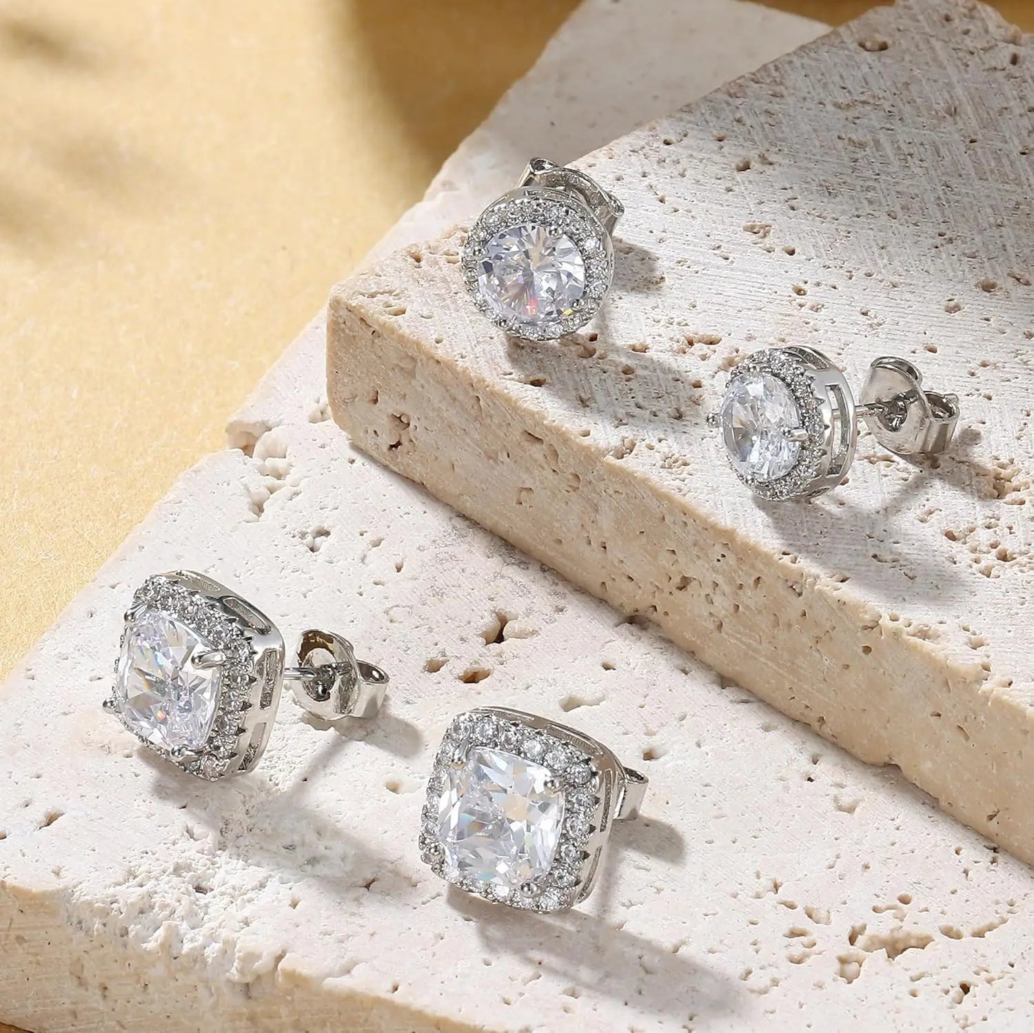 2 pairs 18K Gold Plated Halo Stud Earrings Cubic Zirconia Stud Earrings Round Square Diamonique Stud Earrings Set for Women Men