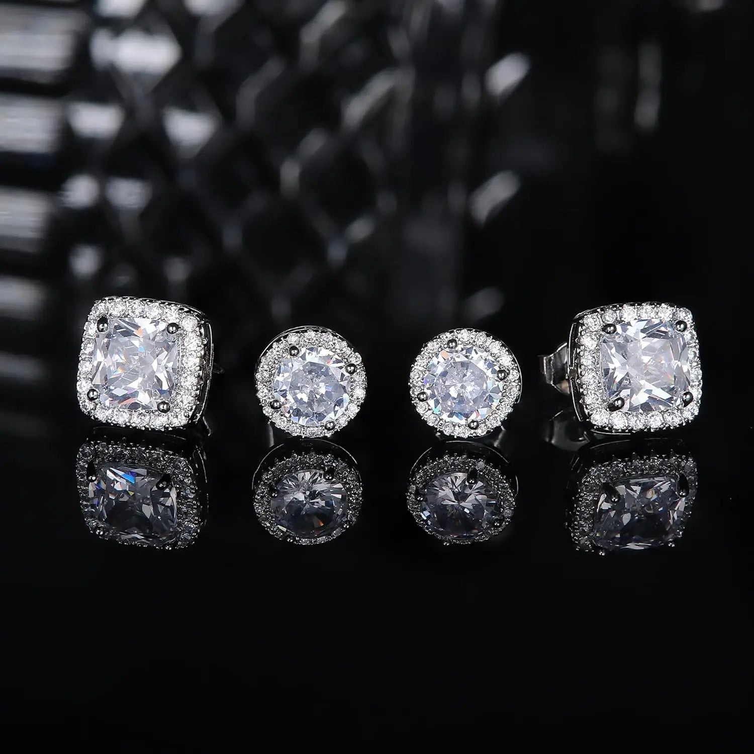 2 pairs 18K Gold Plated Halo Stud Earrings Cubic Zirconia Stud Earrings Round Square Diamonique Stud Earrings Set for Women Men