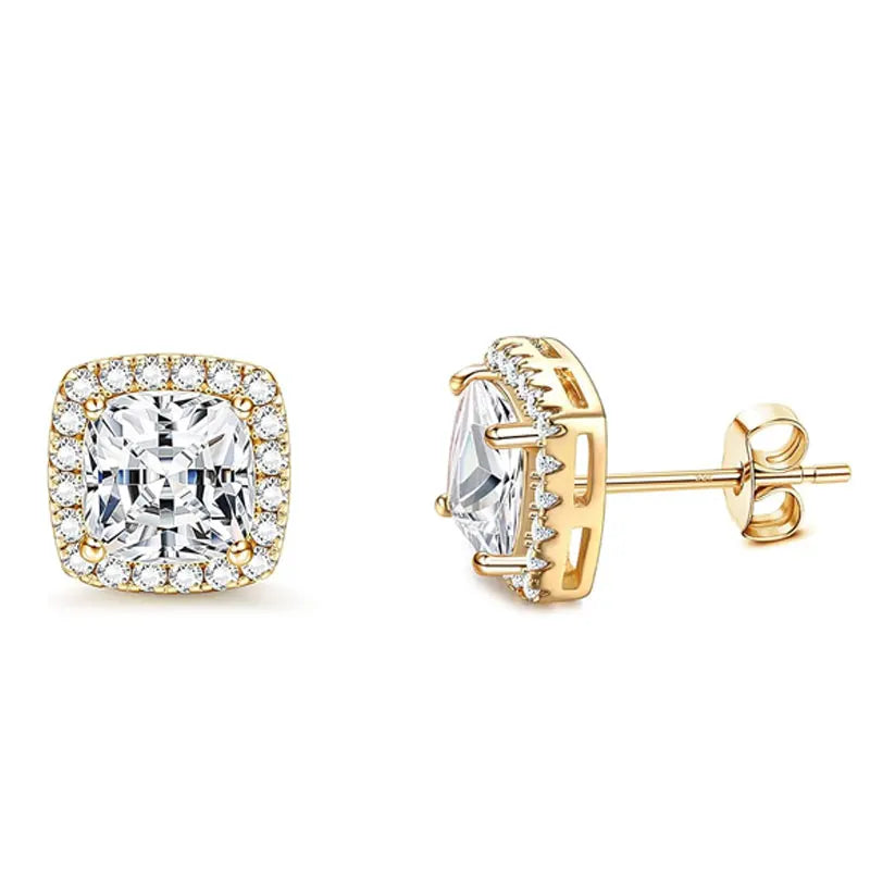 2 pairs 18K Gold Plated Halo Stud Earrings Cubic Zirconia Stud Earrings Round Square Diamonique Stud Earrings Set for Women Men