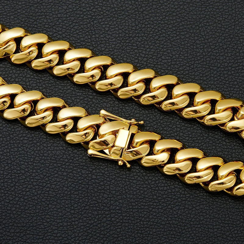 Hip Hop Bling Gold Color Stainless Steel Dense Cuban Miami Link Chain Necklaces for Men Rapper jewelry Drop Shipping