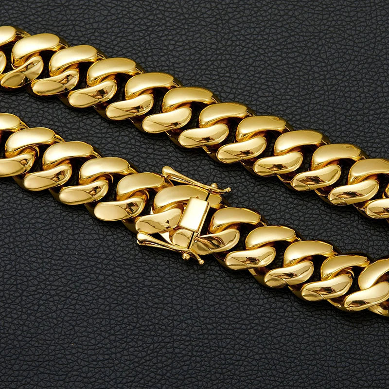 Hip Hop Bling Gold Color Stainless Steel Dense Cuban Miami Link Chain Necklaces for Men Rapper jewelry Drop Shipping