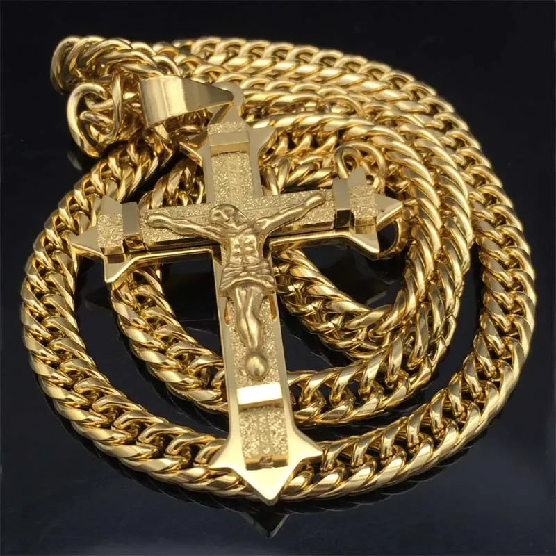 Gold tone Cross Christ Jesus Pendant Necklace Stainless Steel Link rolo Chain Heavy Men Jewelry Gift 21.65" 7mm