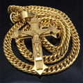 Gold tone Cross Christ Jesus Pendant Necklace Stainless Steel Link rolo Chain Heavy Men Jewelry Gift 21.65" 7mm
