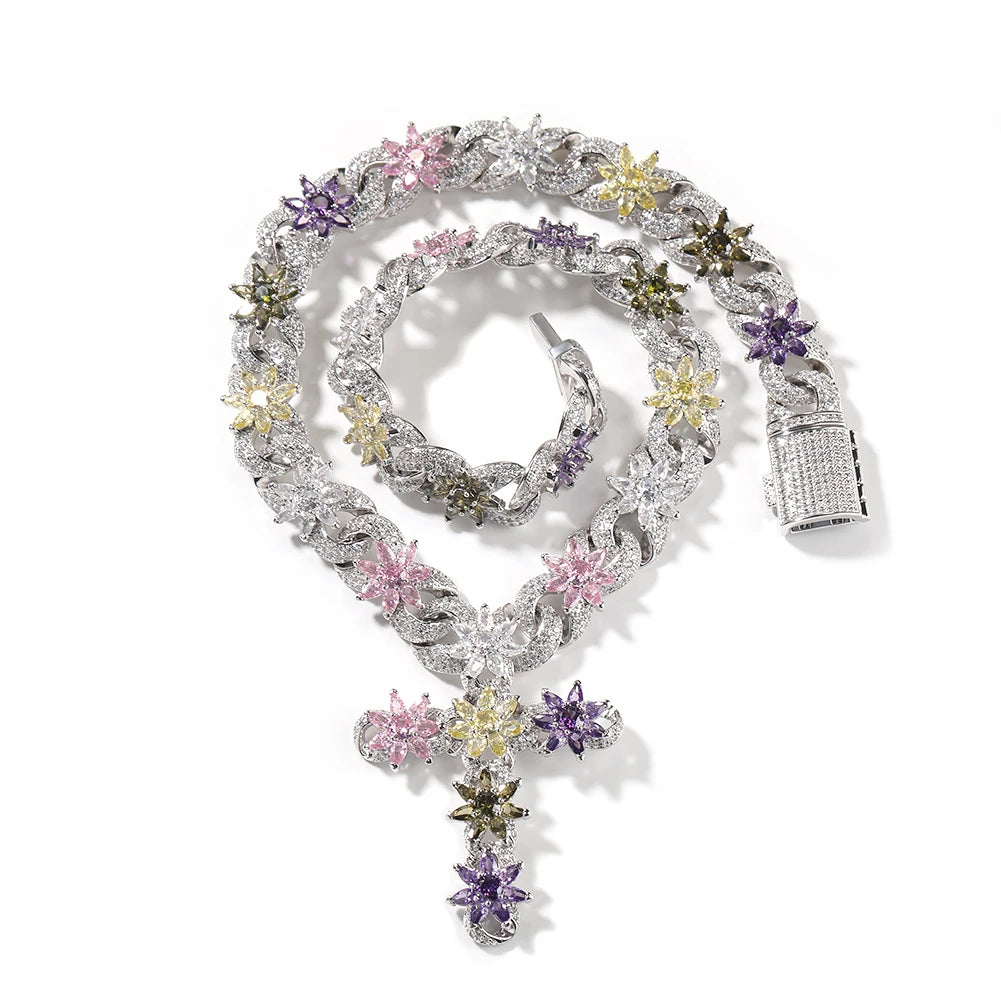 Iced Floral Cross Chain
