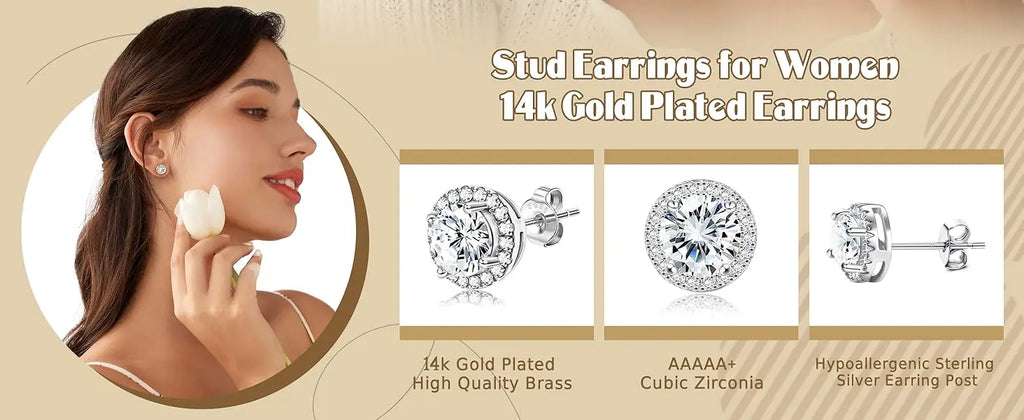 2 pairs 18K Gold Plated Halo Stud Earrings Cubic Zirconia Stud Earrings Round Square Diamonique Stud Earrings Set for Women Men