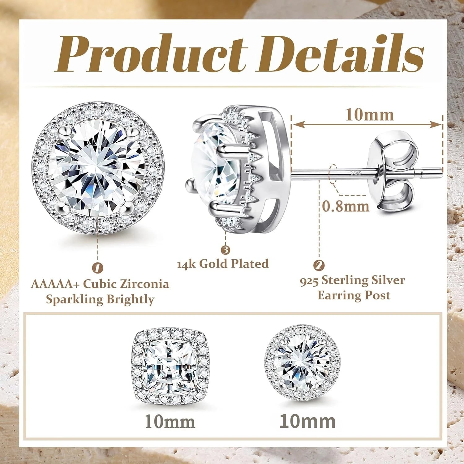 2 pairs 18K Gold Plated Halo Stud Earrings Cubic Zirconia Stud Earrings Round Square Diamonique Stud Earrings Set for Women Men